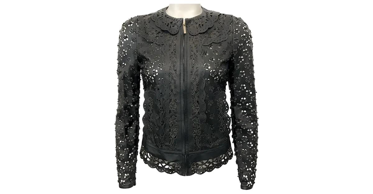 Chaqueta de cuero negro con ojales florales Elie Saab 