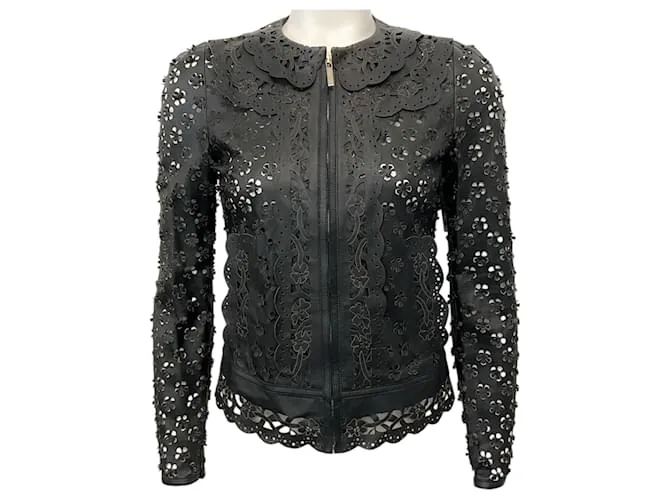 Chaqueta de cuero negro con ojales florales Elie Saab 