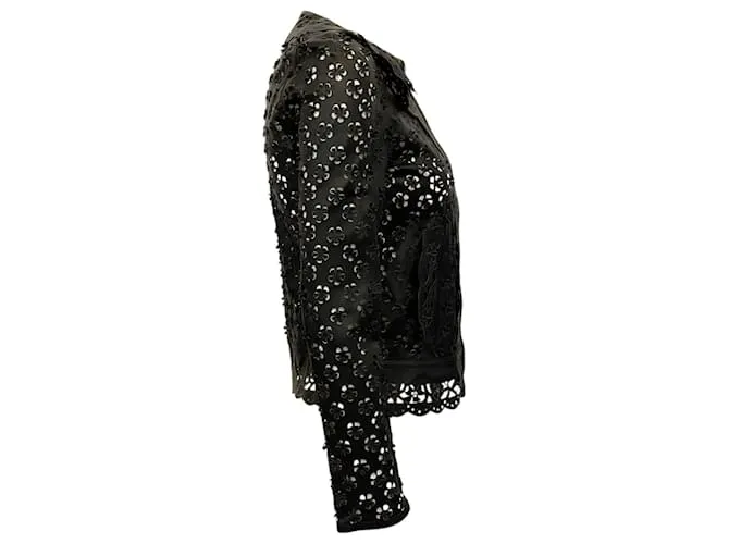 Chaqueta de cuero negro con ojales florales Elie Saab 