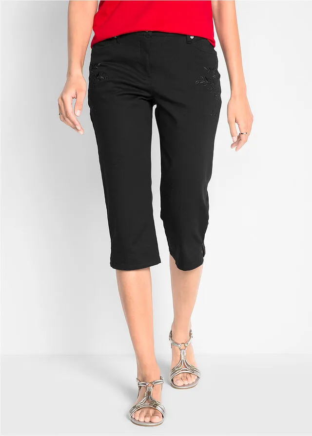 Pantalón capri de algodón con cintura cómoda y aberturas laterales Negro