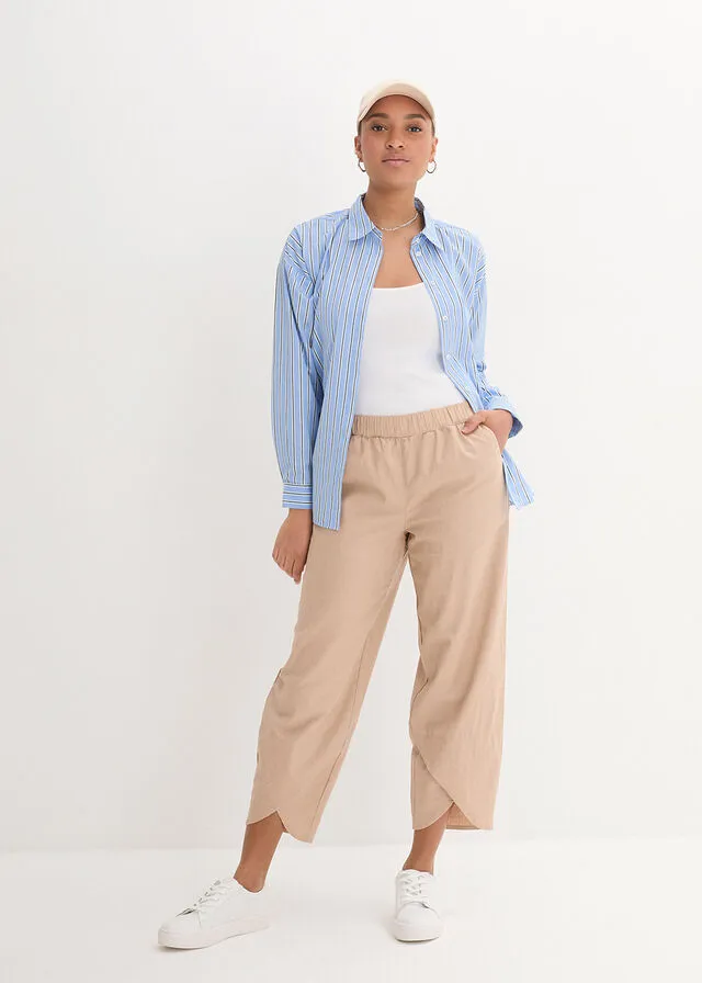 Pantalón capri de lino con cintura cómoda y ajuste holgado Marrón claro