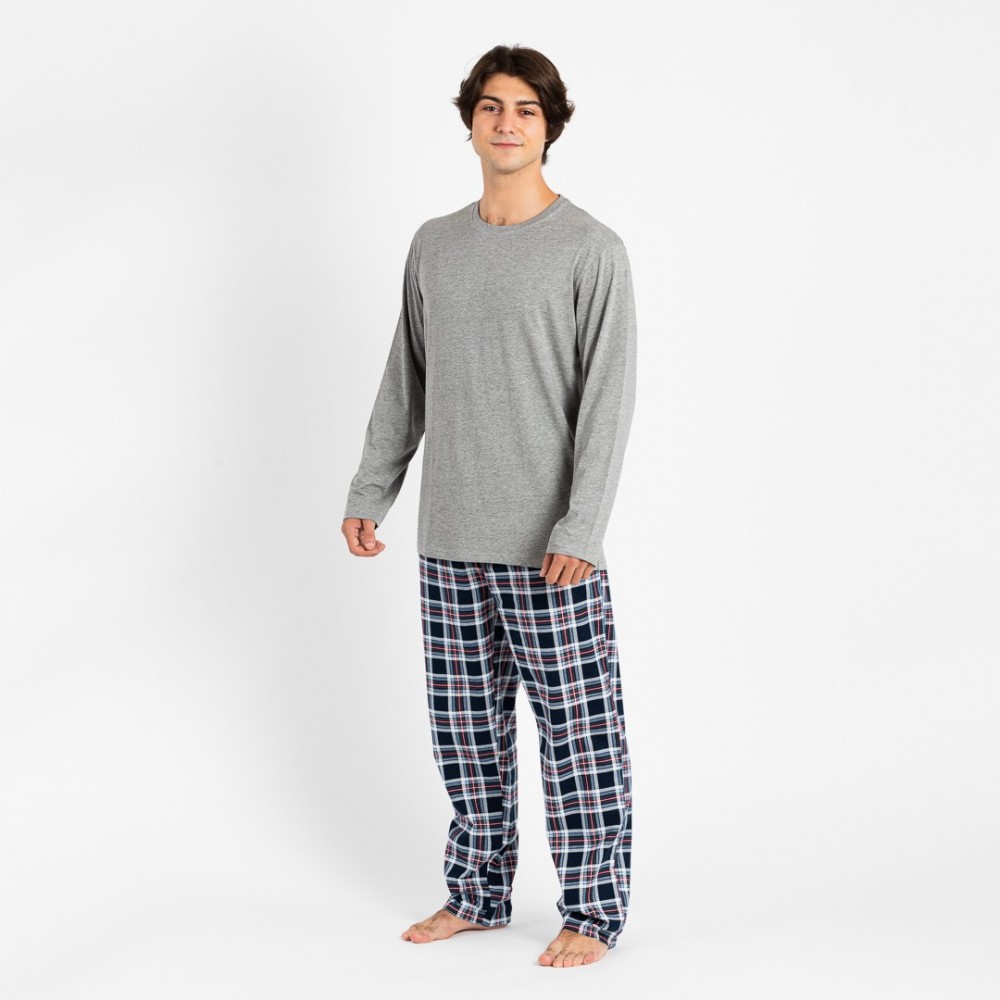 Pijama hombre franela Cuadro Wells gris