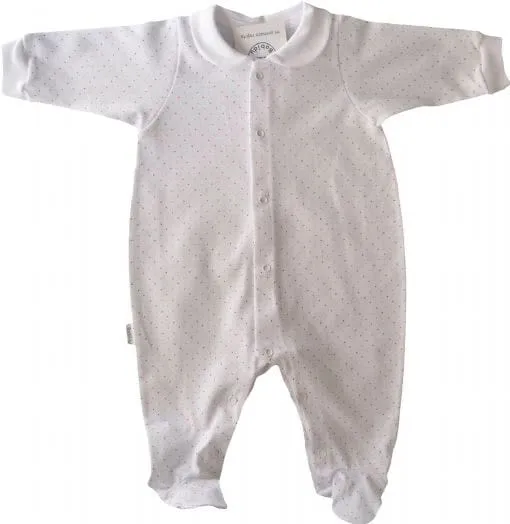 Pijama pelele unisex, blanco con topitos.  6 y 12 meses